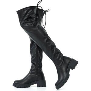 Women's Platform Boots-990-black Pu Over The Knee Thigh High Round Toe Long Boot